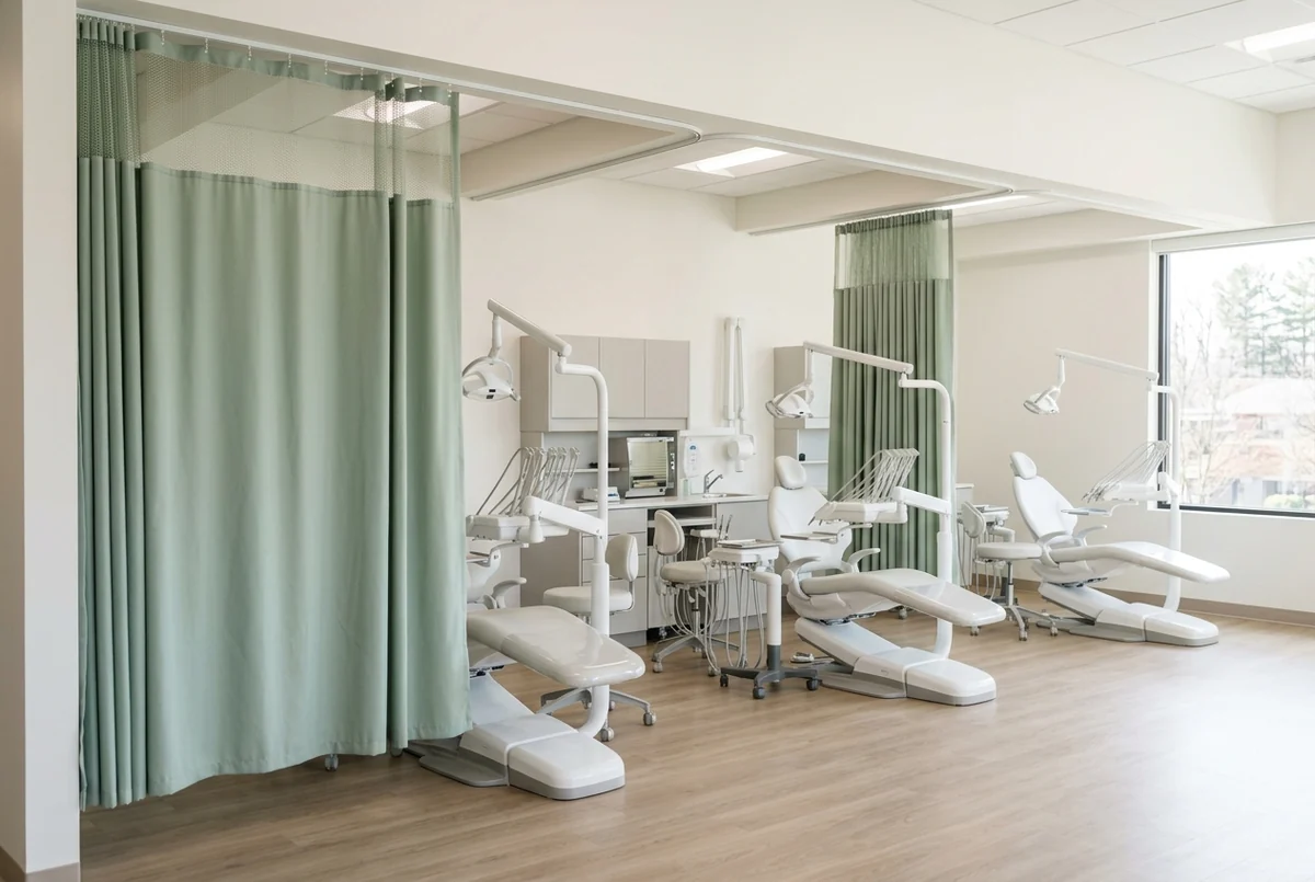 An open dental hygiene bay with three chairs on one floor, one bay closed off by a sage privacy curtain on ceiling track with a mesh top, the others open