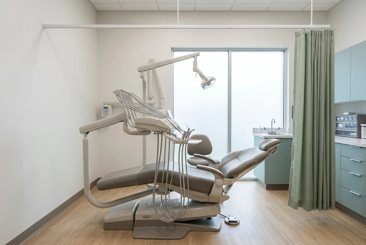 A single dental operatory with a curtain track mounted across the ceiling and a sage privacy curtain hanging at one end, beside the chair and delivery unit