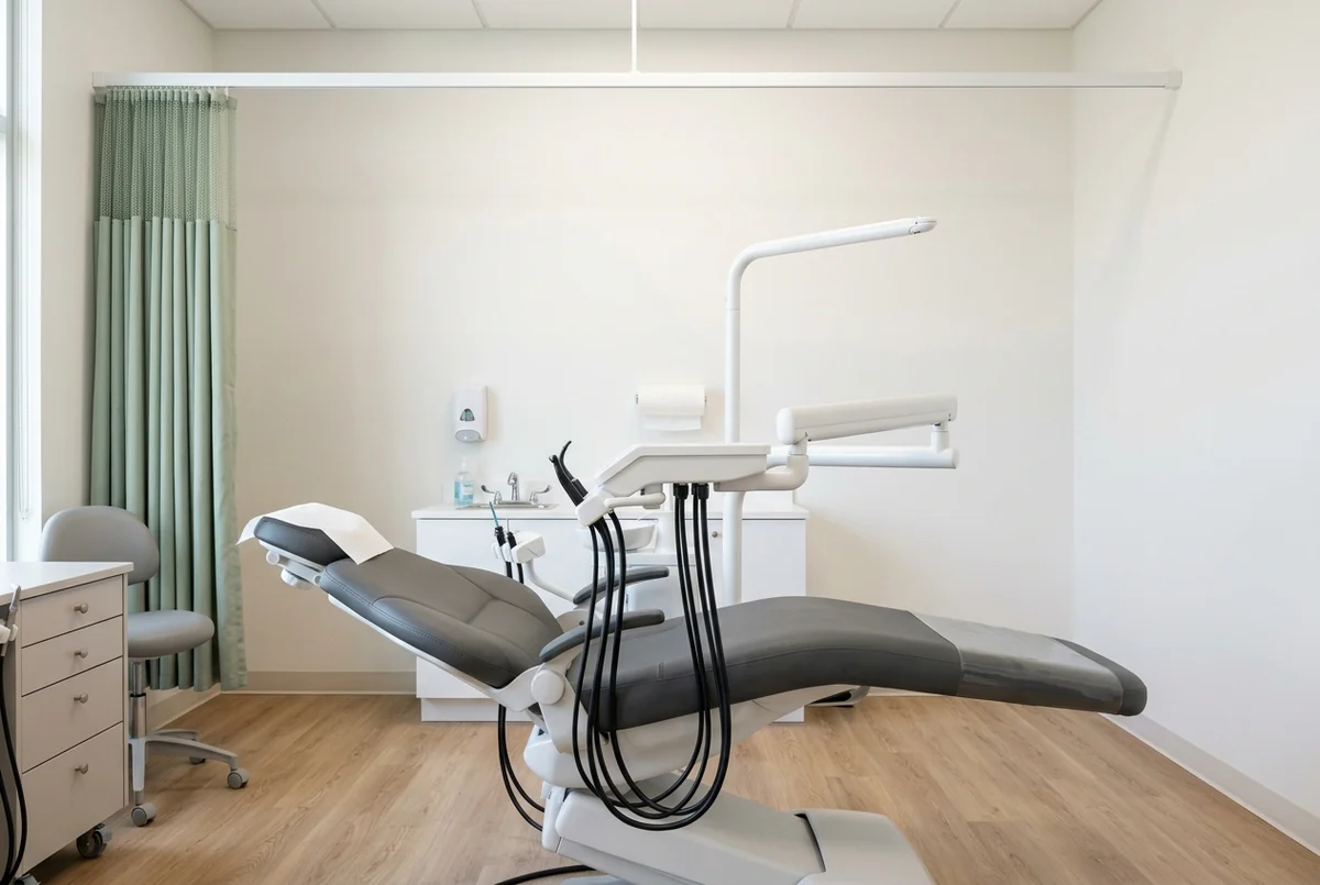 A dental chair fully reclined in treatment position with the delivery arm swung out over it, the ceiling curtain track above running the length of the room past the end of the footrest