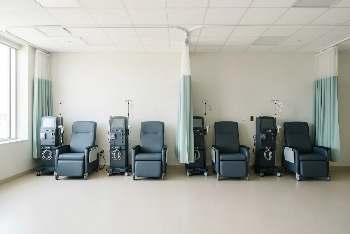 A dialysis treatment floor with four chairs and machines in a row, privacy curtains on ceiling track hanging between the stations and stacked back rather than drawn