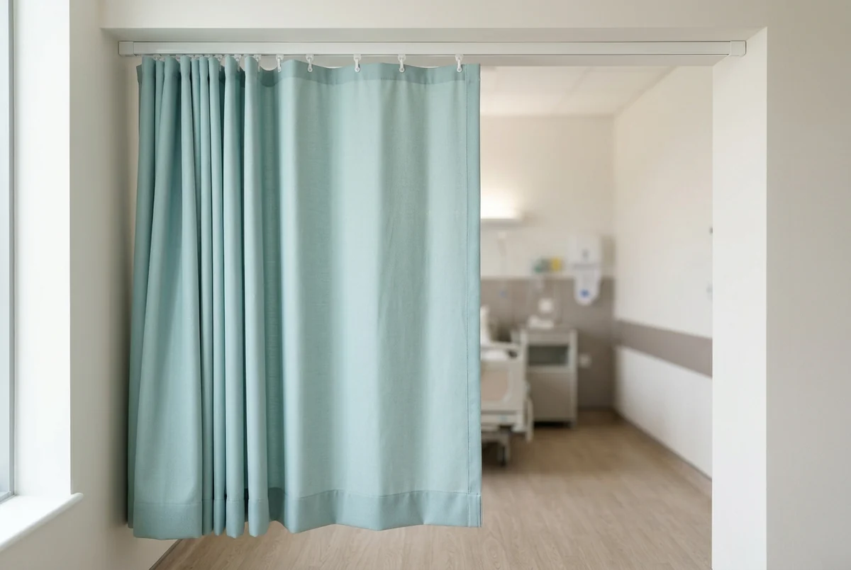 A pale teal privacy curtain drawn across an opening on slim white ceiling track, the carriers visible along the track and the weighted hem along the bottom