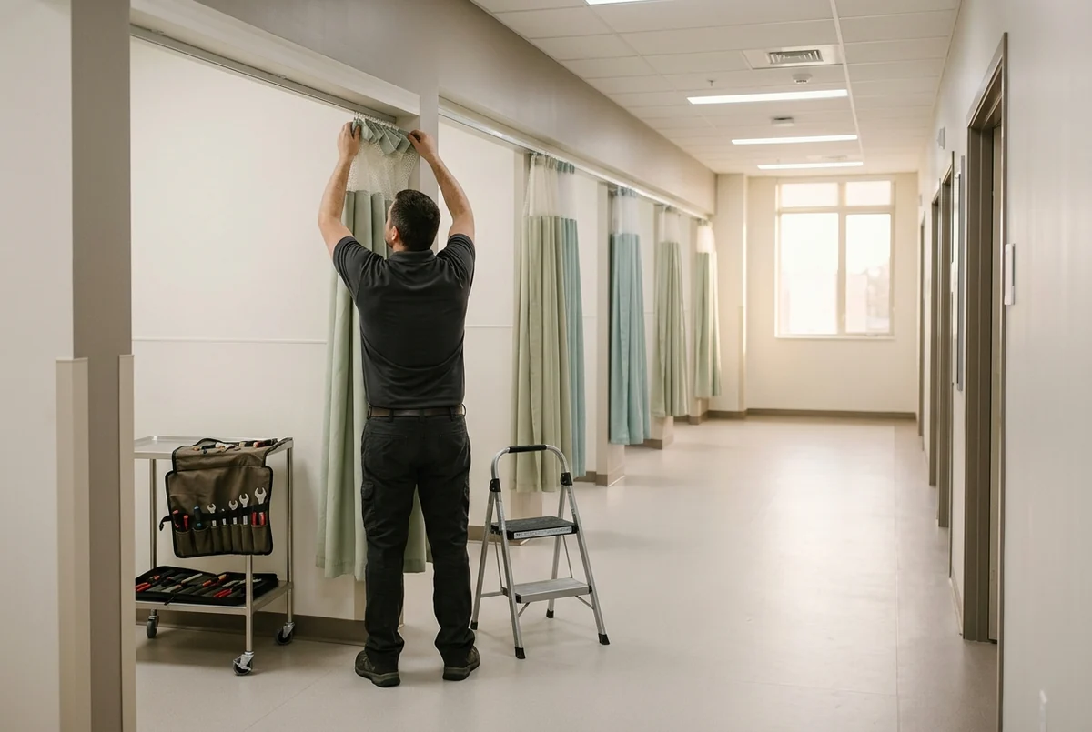An installer lifting a privacy curtain onto ceiling track in an empty surgery center pre-op corridor before the first case of the day, step stool and tools clear of the walkway