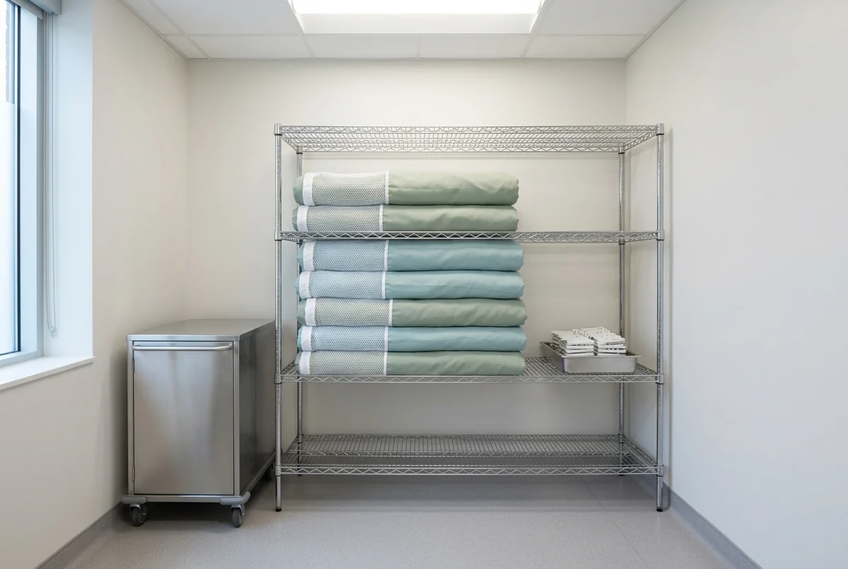 Folded spare privacy curtains on stainless shelving in a surgery center linen store, mesh headers visible along each fold, with carriers and hooks beside them