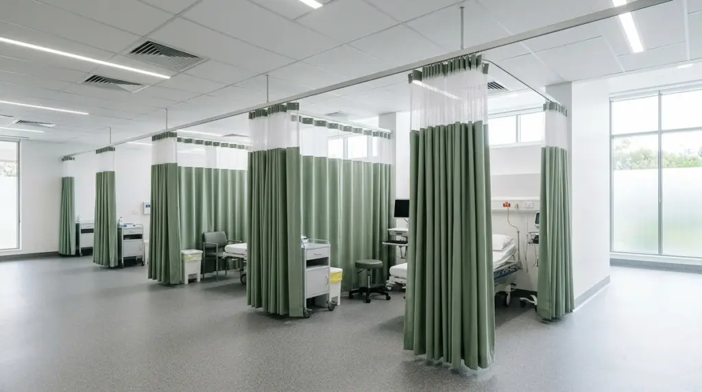 A run of treatment stations on a continuous ceiling track suspended on threaded rod through an acoustic grid, separated by privacy curtains.