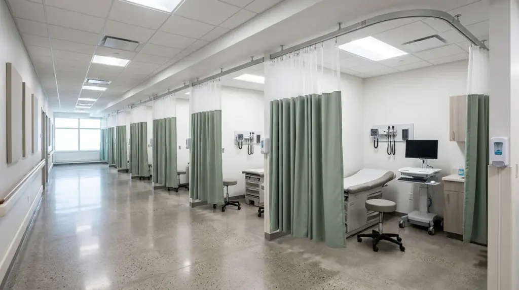 A run of six treatment stations along an outpatient floor, divided by sage-green curtains with white mesh tops, on a continuous ceiling track.