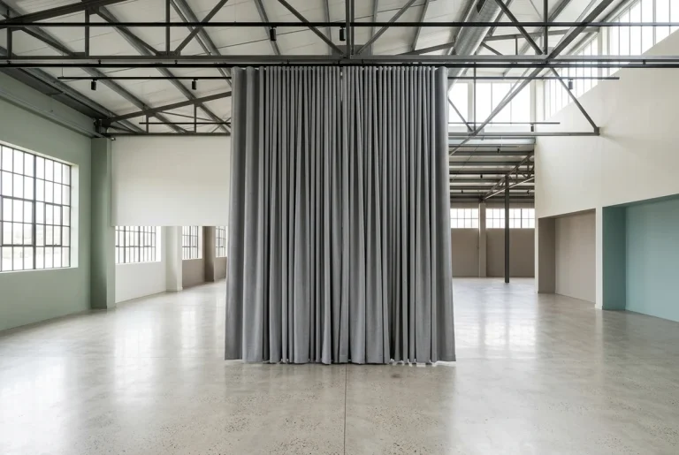 A grey heavy-duty divider curtain hung floor to ceiling from track on exposed structural steel, dividing a large open space