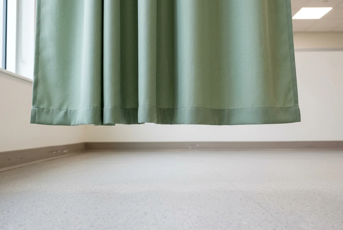The hem of a sage-green privacy curtain hanging clear of a clinic floor, showing the gap left for cleaning