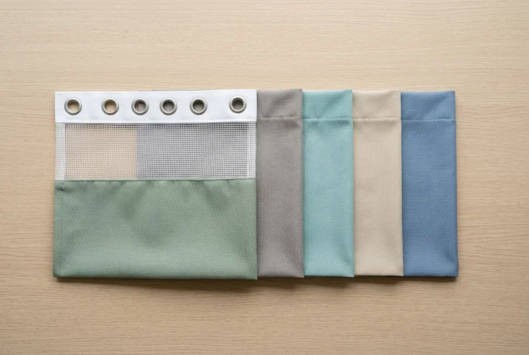 Folded hospital curtain fabric samples in sage, grey, teal, sand and blue, one showing its white mesh top and grommet header