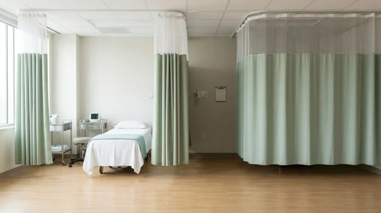 Sage-green hospital privacy curtains with white mesh tops hanging from a ceiling track in a clinic treatment bay