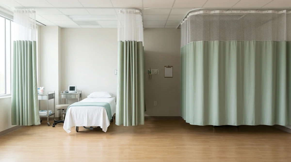 Sage-green hospital privacy curtains with white mesh tops hanging from a ceiling track in a clinic treatment bay