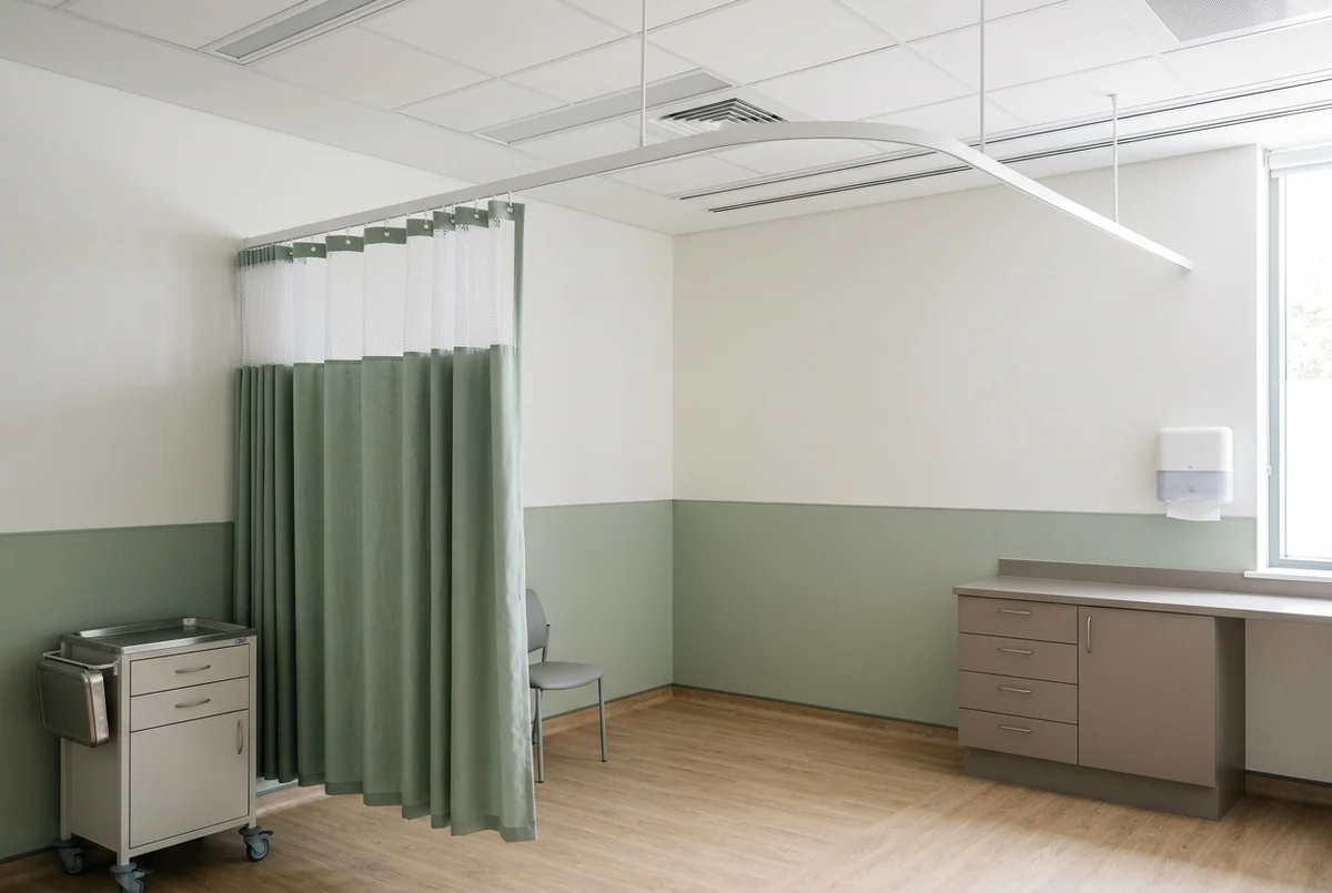 A clinic bay with the curtain track running along two walls and curving through the corner between them