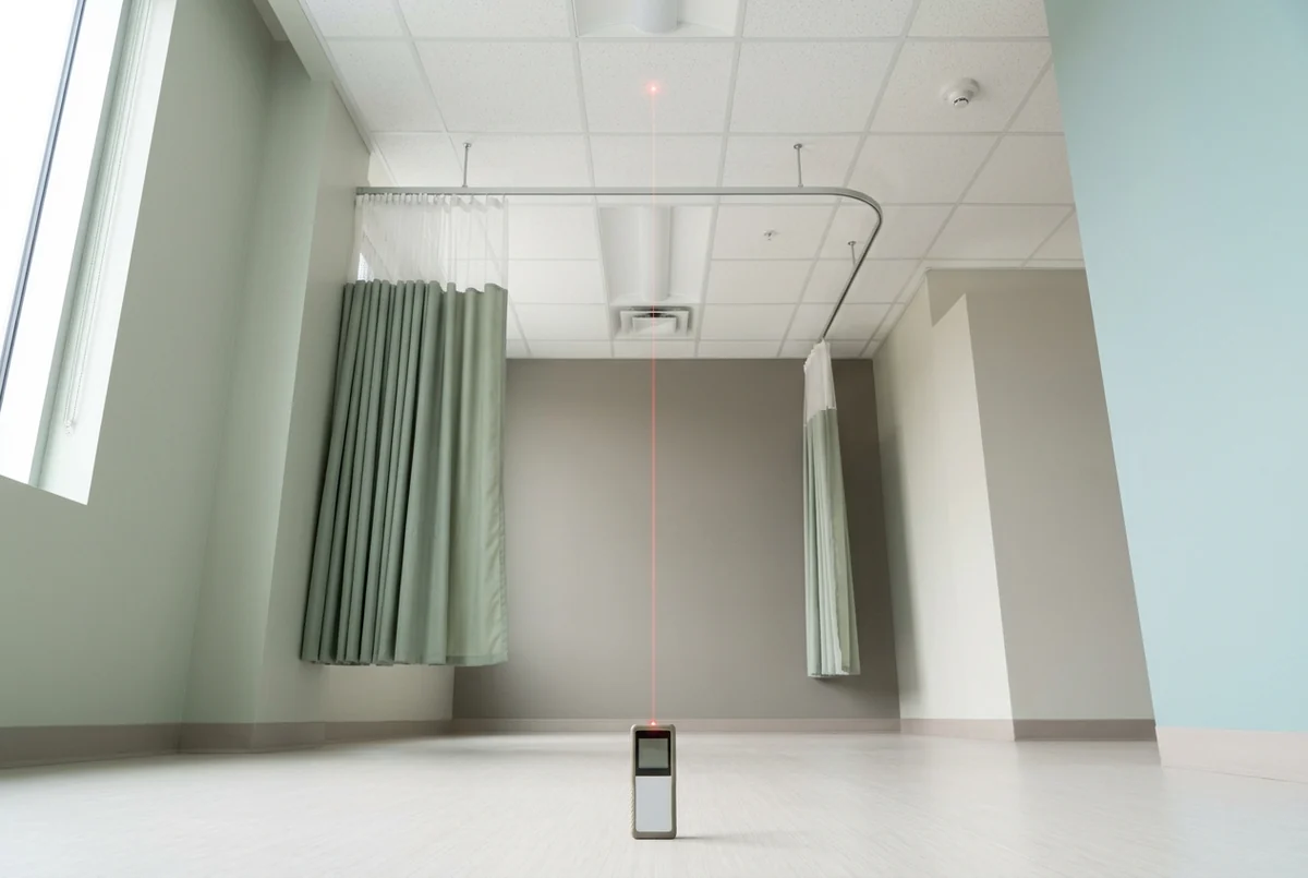 A laser distance measure standing on a clinic floor reading the ceiling height, with curtain track and curtains above