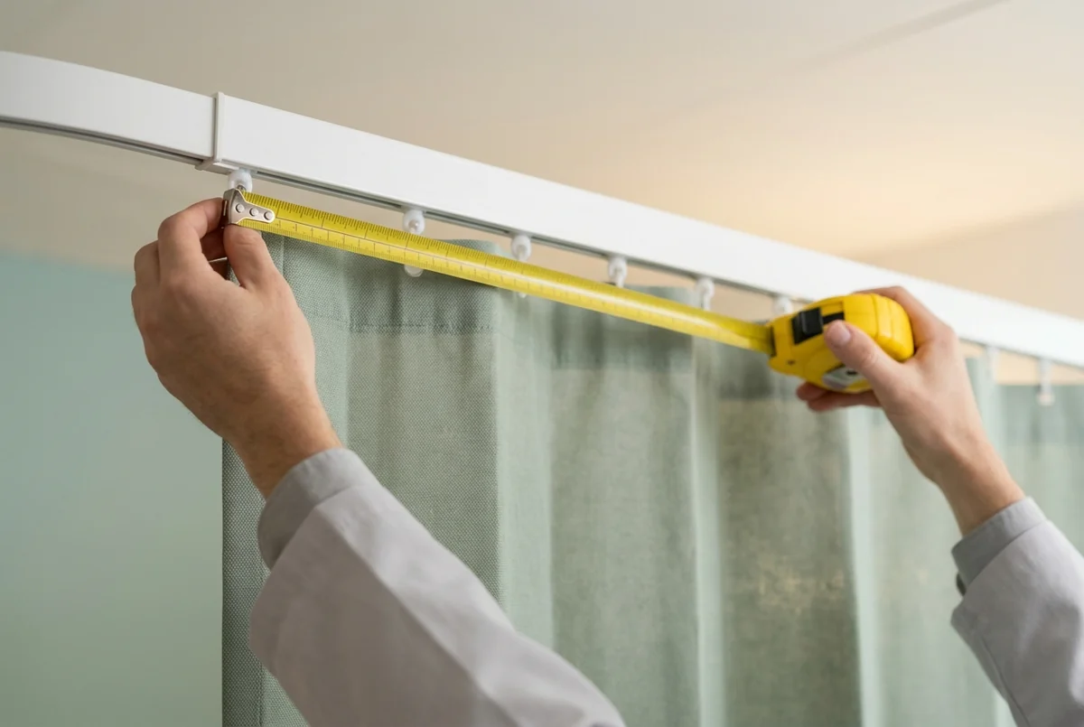 A tape measure held along a white ceiling-mounted cubicle curtain track, measuring the track rather than the wall
