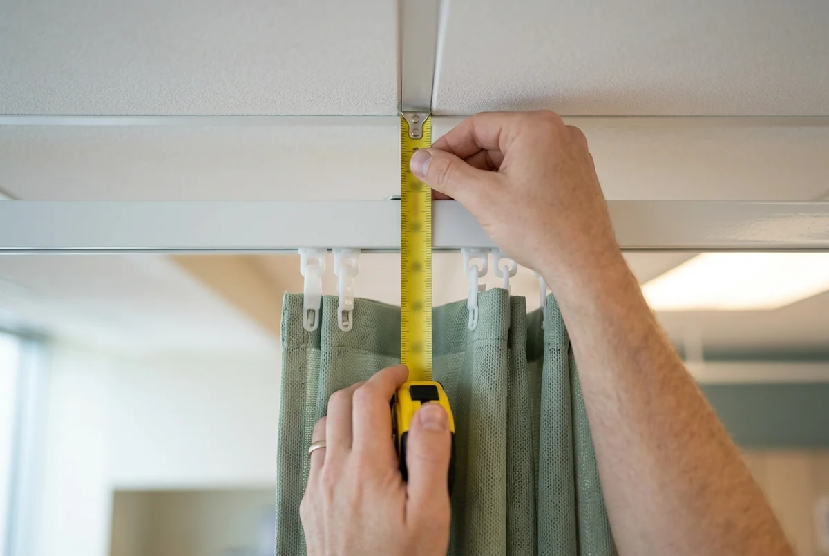 A tape measure held from the ceiling down past the curtain track and white carriers to the top of the mesh panel