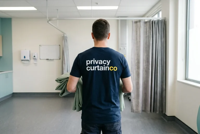 A Privacy Curtain Co installer carrying folded replacement curtains into a clinic room where the old curtains still hang