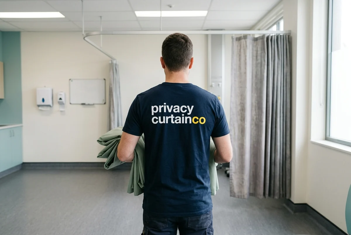 A Privacy Curtain Co installer carrying folded replacement curtains into a clinic room where the old curtains still hang
