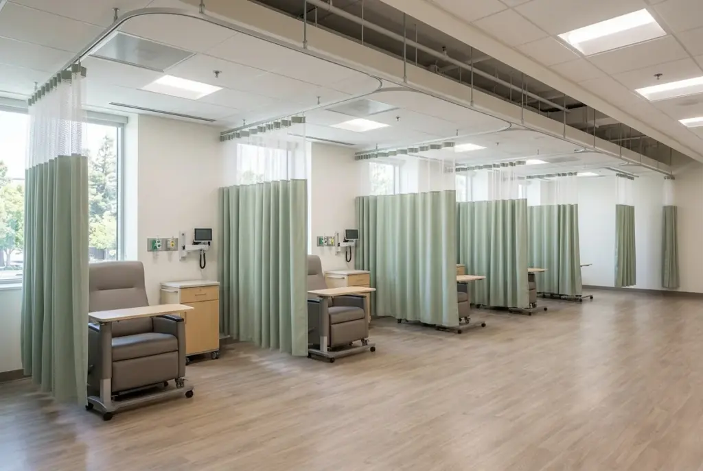 A long outpatient corridor in Oakland showing a continuous run of newly installed cubicle curtain tracks with clinical-blue fabric.