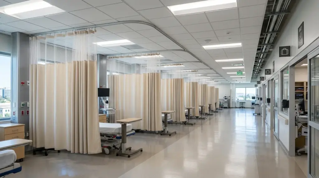 Perfectly installed commercial privacy tracking systems and hospital curtains in a San Jose medical facility