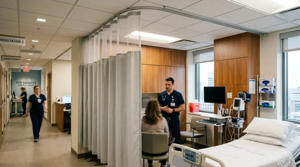 Authentic documentary-style photograph of a high-end medical clinic room with a premium hospital privacy curtain hanging seamlessly on an architectural ceiling track.