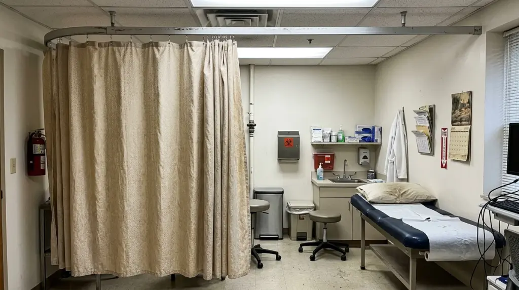 Professional commercial architectural photograph of a large medical facility showing multiple cubicle privacy curtains.