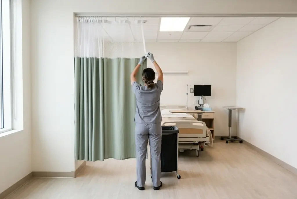 Sage-green hospital privacy curtain with a white mesh top, being unclipped from a ceiling track in a modern clinic.